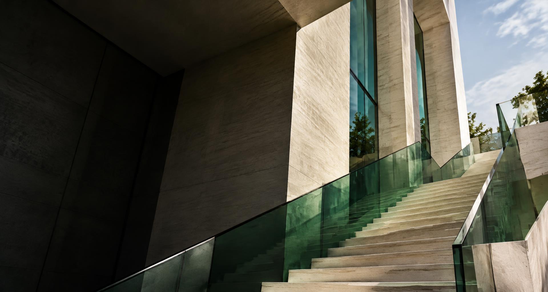 An ascending staircase through precise modern architecture